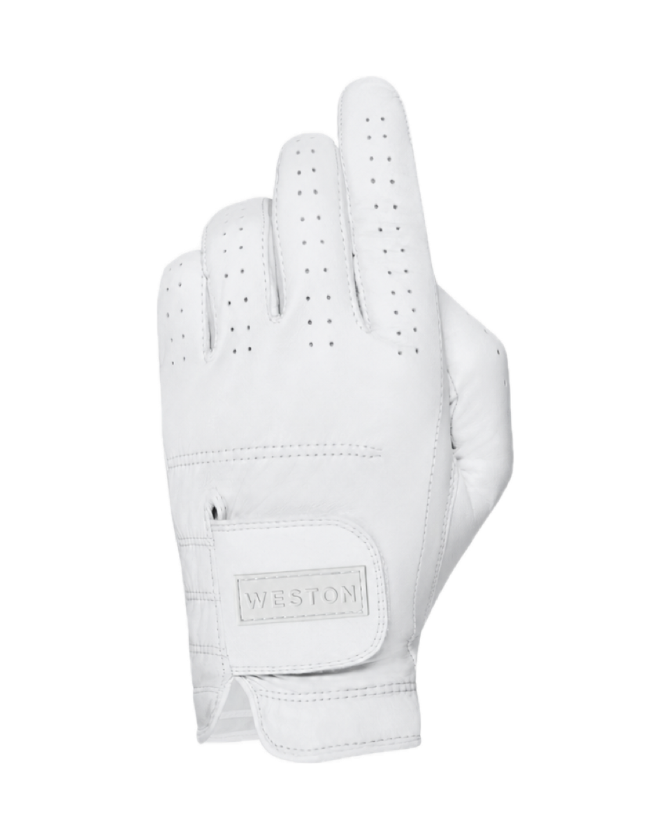 The Original Glove in White, back of the hand with the Weston tab